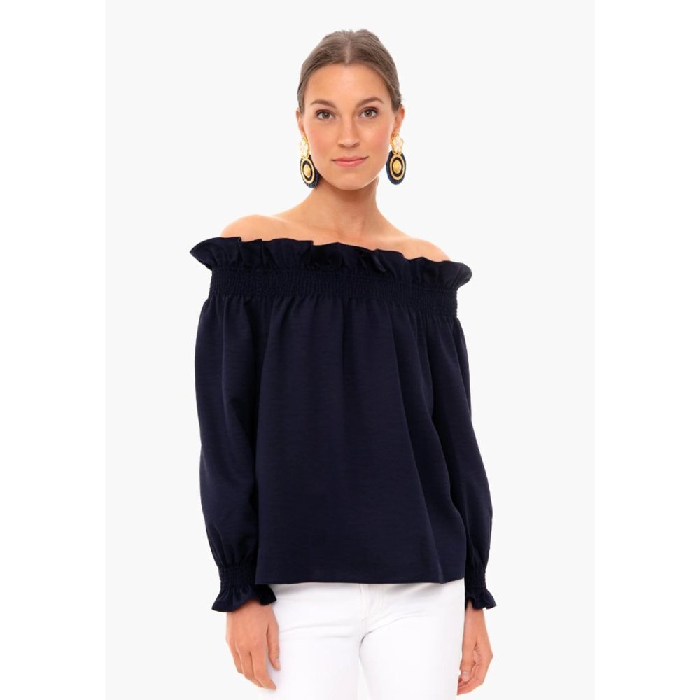 Tuckernuck Women's Navy Off the Shoulder Marguerite Blouse Ruffle Sleeve Top XS